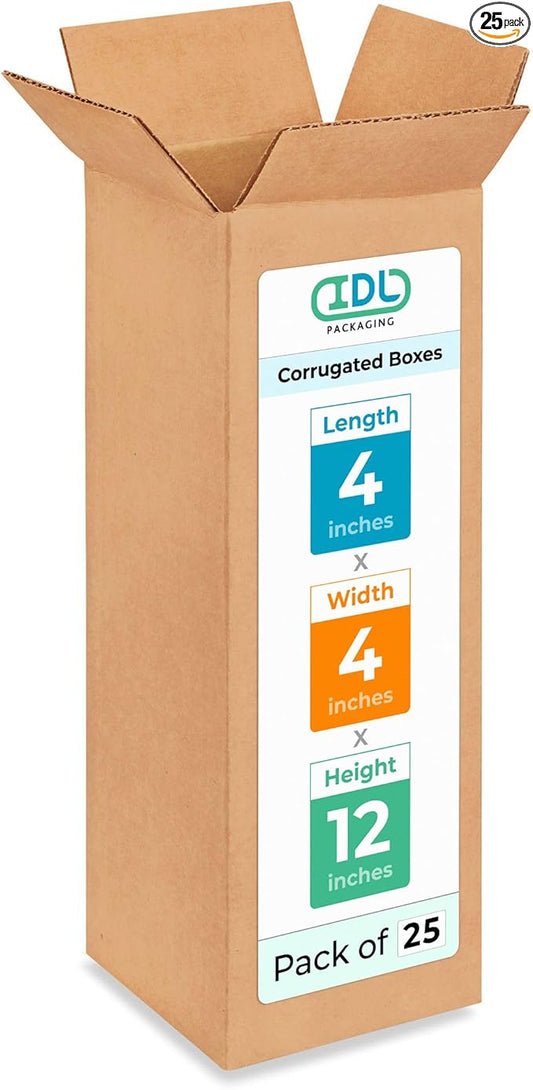 Tall Moving & Shipping Boxes 4"L x 4"W x 12"H (25-Pack) - Extra Strength 200 lb vs Regular - USA-Made Corrugated Moving Boxes for USPS/UPS/FEDEX - Packing Box - Packing Box for Moving by IDL Packaging