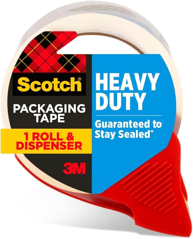 Scotch Heavy Duty Shipping Packing Tape, Clear, Shipping and Packaging Supplies, 1.88 in. x 38.2 yd., 1 Tape Roll with Dispenser