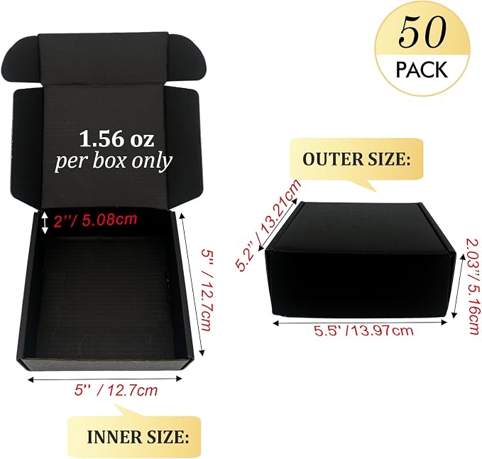 Small Shipping Boxes 5x5x2, Set of 50, Black Corrugated Cardboard Box Mailer (YD552-50BK)