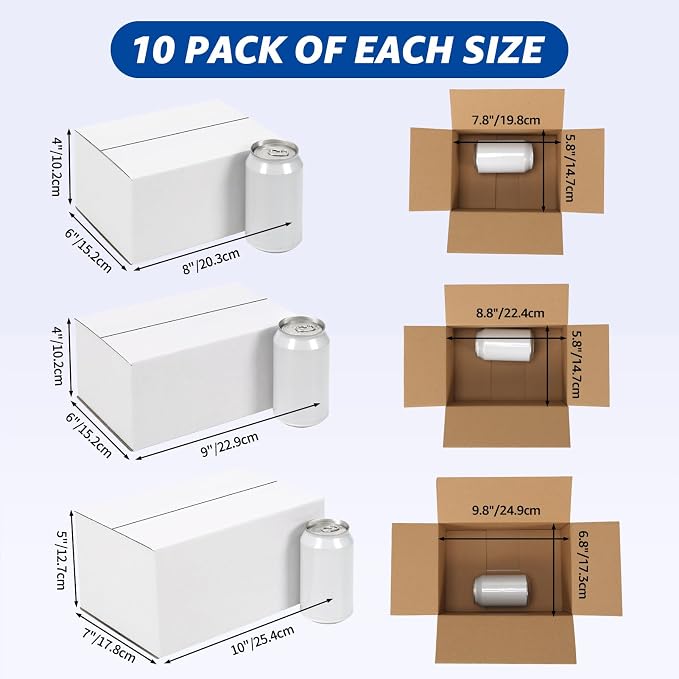 CRUGLA Assorted Sizes Shipping Boxes 30 Pack (10x7x5, 9x6x4, 8x6x4), White Corrugated Cardboard Mailers, Each 10 PCS Small Boxes for Small Business Packaging, Shipping & Storage