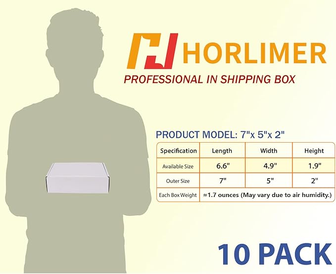 HORLIMER 10 Pack 7x5x2 Shipping Boxes, White Corrugated Cardboard Box for Mailing, Packaging, Small Business