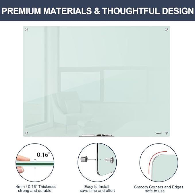 Glass Whiteboard 48x32 Magnetic White Board Dry Erase Board for Wall | Magnetic Surface, Dry Erase, Large Frameless Glass Whiteboard, Ideal for Office Home School Classroom Kitchen