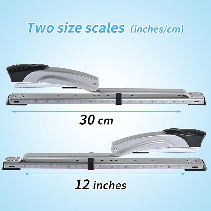 Long Reach Stapler,with 2000 Staples & Stapler Remover Full Strip，20-25 Sheet Capacity,with Built-in Ruler and Adjustable Locking Paper Guide, Silvery