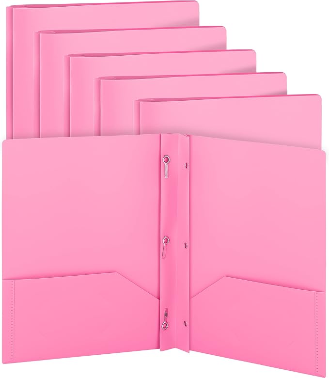 Plastic Folders with Pockets and Prongs Pink - Two Pocket Folder with Brads - 3 Prong Folders with Pockets for Letter Size Sheets, Also Available in Blue, Green, Red, Purple, and Grey, 6 Pc –by Enday