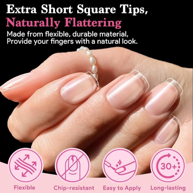 Extra Short Square False Nail Tips, 15 Sizes 510 PCS Clear French Press On Fake Nail Pre-shaped Half Matte Full Cover Gel Nail Tip Extensions Thick Long Lasting for DIY Beginners & Salon Manicure