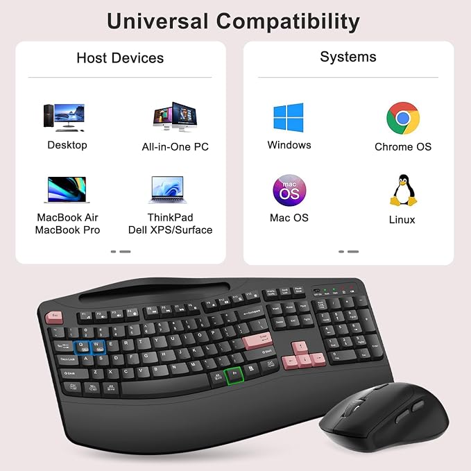 Wireless Keyboard and Mouse Combo, Full Size Ergonomic Wave Keys(Pink-B) | 2.4G Ergonomic Keyboard with Wrist Rest, Phone Holder, 3-Level DPI Silent Mouse with 6-Buttons, for Windows/Mac OS/Laptop/PC