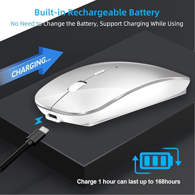 Wireless Mouse for Laptop, Bluetooth Mouse for MacBook Pro/Air/Mac/iPad/Chromebook/Computer -Rechargeale Dual Mode(USB 2.4Ghz + Bluetooth 5.2) Silent Cordless Mice with USB C Adapter,Silver