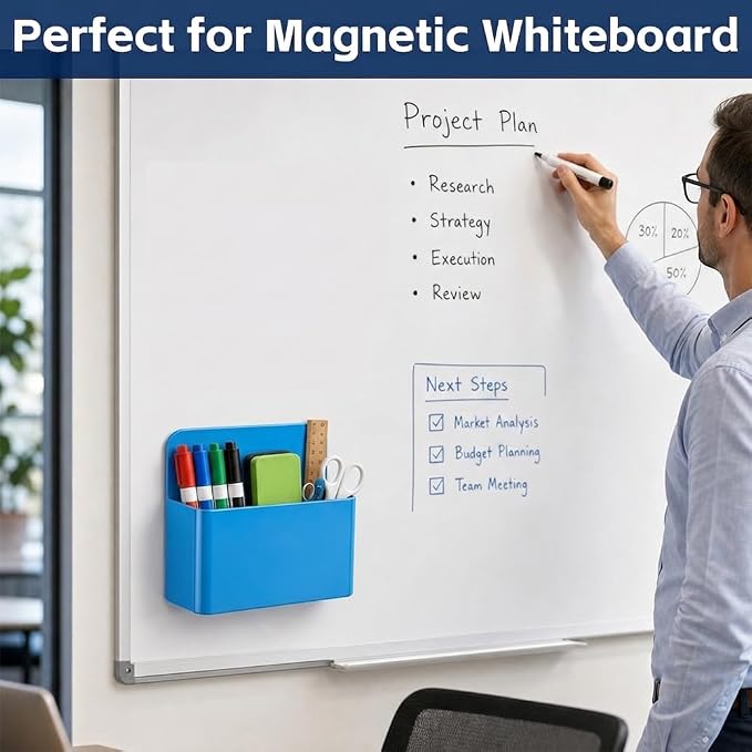 Magnetic Pencil Pen Holder, 2 PCS Dry Erase Marker Holder for Whiteboard, Blue Magnet Storage Pencil Cup Case Box Fridge Organizers Locker Accessories for Office School Classroom Teacher Must Haves