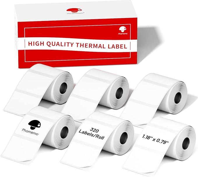 Phomemo Labels 6 Rolls,1.18" x 0.79", Use for M110/M100/M220/M108,1800 PCS | 30×20mm Square Thermal Stickers Labels for Kids & School, Barcode, Logo, Business, Home,Organization, Peptide Vial, White