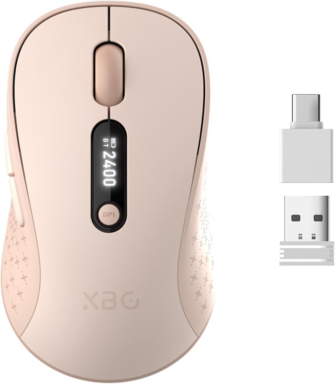 XBG B15pro Wireless Bluetooth Mouse, Bluetooth 5.0/4.0 & 2.4G Tri-Mode, Type-C Rechargeable with LED Screen Display, Ergonomic Silent Click for Laptop/PC/Tablet, Multi-Device & Office Use-Pink