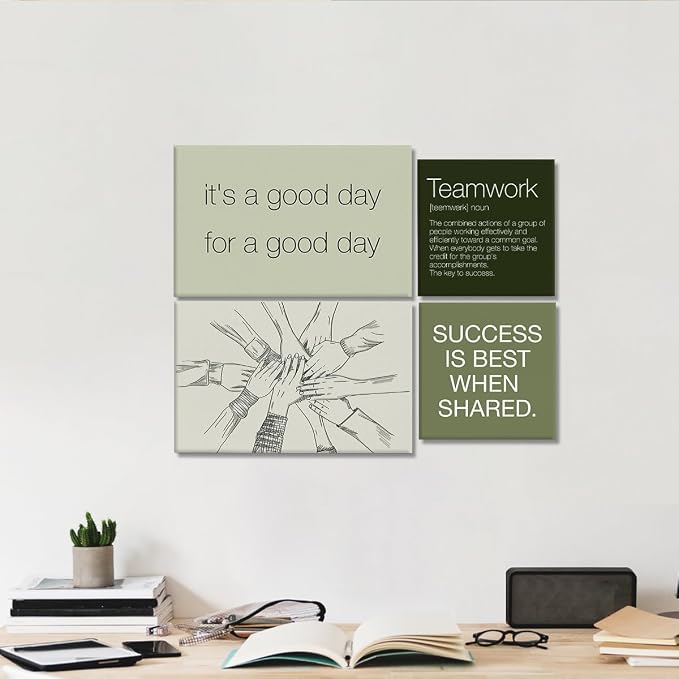 YEOION Sage Green Motivational Teamwork Office Wall Decor,Inspirational Team Work Wall Art Canvas Frame Artwork for Office Workplace Breakroom Wall Decor Set of 6