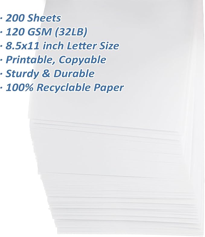 200 Sheets White Card Stock Printer Paper 8.5x11 inch, 32 lb/120 gsm Stationery Paper, White Cardstock Paper Sheets for Printing, Copy, Crafts, Letters, Invitations, Laser & Inkjet Printer Compatible