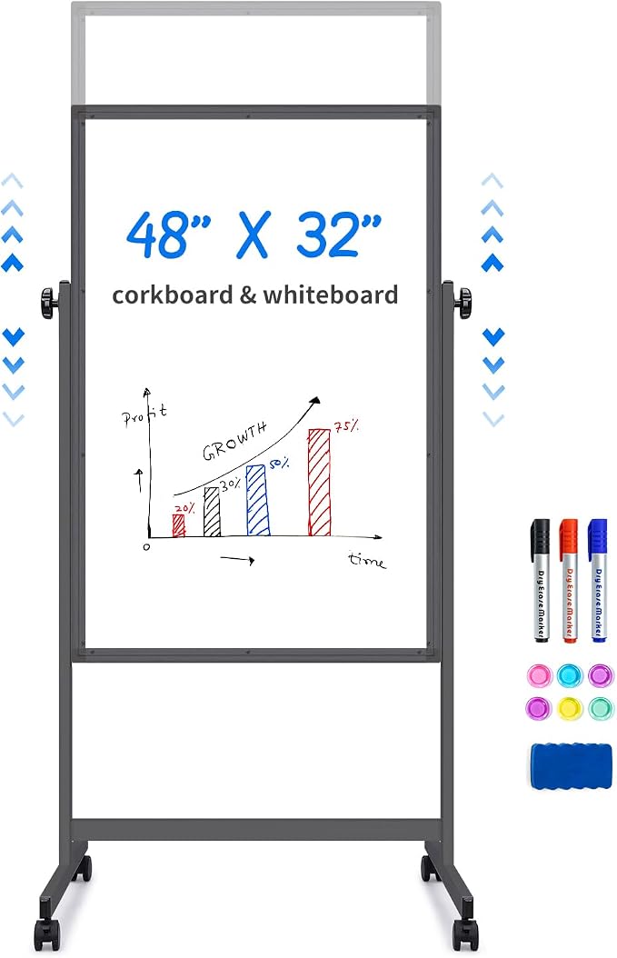 Maxtek Rolling White Board 48 x 32in,Height Adjustable Whiteboard on Wheels | Mobile Easel Large Magnetic Portable Double-Sided Dry Erase Board with Stand for Classroom, Home, School, and Teachers（Black)