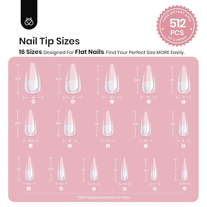 Beetles Tipex Instant Apex Nail Tips 512 Pieces Medium Stiletto Pre-Building and Pre-Etched Strong Thick Acrylic Fake Nails 16 Sizes Press on Nails