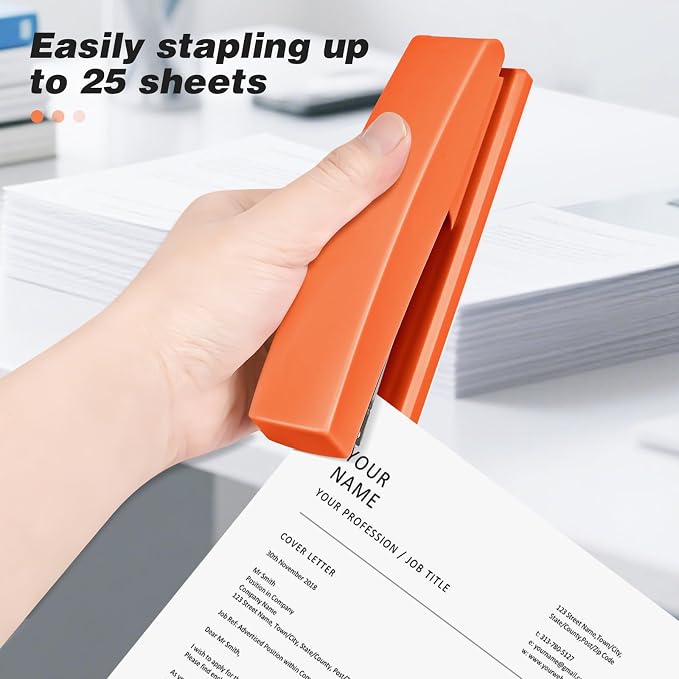 Stapler with 5000 Staples - 25 Sheet Capacity, Staplers for Desk, Orange | Non-Slip Office Stapler for classroom, home, School