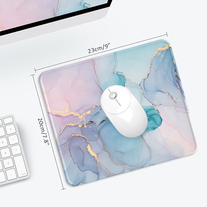Mouse Pad with Stitched Edge, Multiple Patterns Computer Mouse Pads with Non-Slip Rubber Base, Washable Cloth Mousepad, for Gaming, Laptop, PC (Blue Blush Marble)