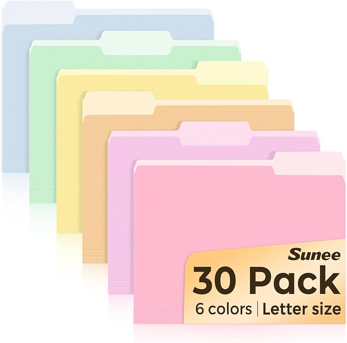 SUNEE File Folders, 30 Pack Manilla Folders 8.5 x 11, Colored File Folders Home Office School Supplies for Documents Files Paper, 6 Bright Colors