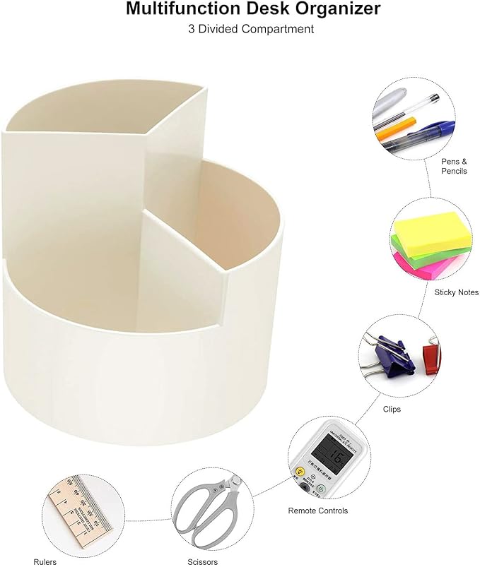Siveit Desk Pencil Pen Holder, Desk Organizers 3 Slots 360-Degree Rotating Pen Holder for Desktop Storage Stationery Supplies Organizer, Home, Office, School, Kids, White