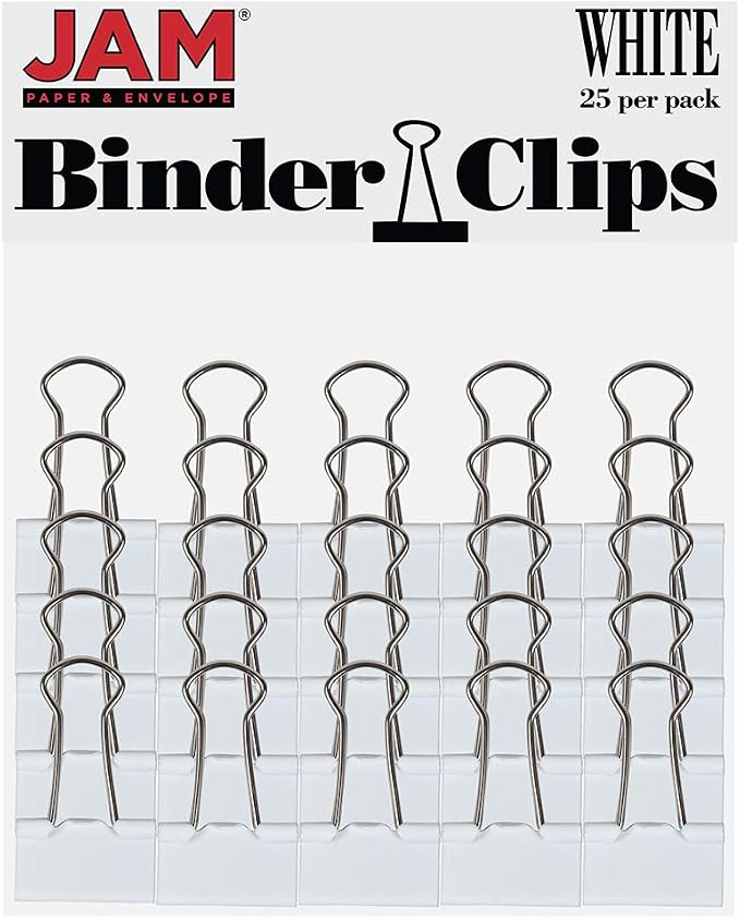 JAM PAPER Colorful Binder Clips - Small - 3/4 Inch (19 mm) - White Binderclips - 25/Pack