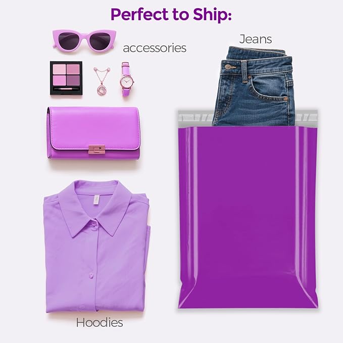 Fuxury12X15.5" 100Pcs Poly Mailers Bags for Small Business, Waterproof Plastic Shipping Bags for Clothing, Self Seal Tear-proof Heavy Duty Mailing Envelopes Bulk- Purple