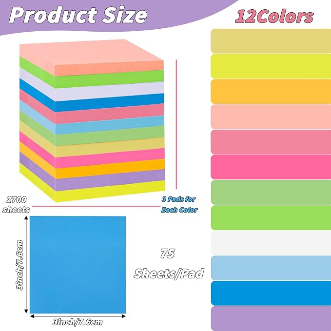 36 PCS Sticky Notes Bulk 3x3 Inch 12 Colors Colorful Memo Pads | 75 Sheets Per Pad, Self Stick Notes, Adhesive Paper, Teachers, Students, School, Office, Meetings, To Do Lists