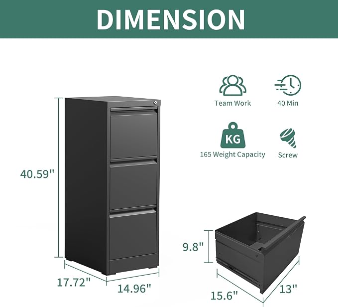 3 Drawer File Cabinet with Lock,Metal File Cabinet for Home Office | Black Vertical Filing Cabinets Heavy Duty Office Storage Cabinets for Letter/Legal/A4/F4 Size File, Assembly Required