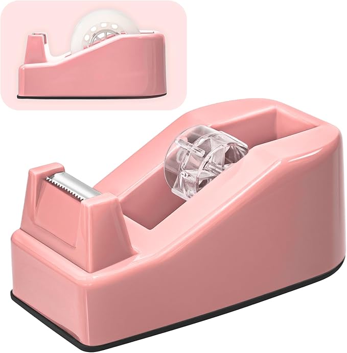 Desktop Office Tape Dispenser, Fits Standard 1-Inch Core Tapes, Weighted Non-Slip Base, Sharp Metal Blade, Smooth Cutting, Adhesive Roll Holder for Office, School, Shop, Home, Business - Pink