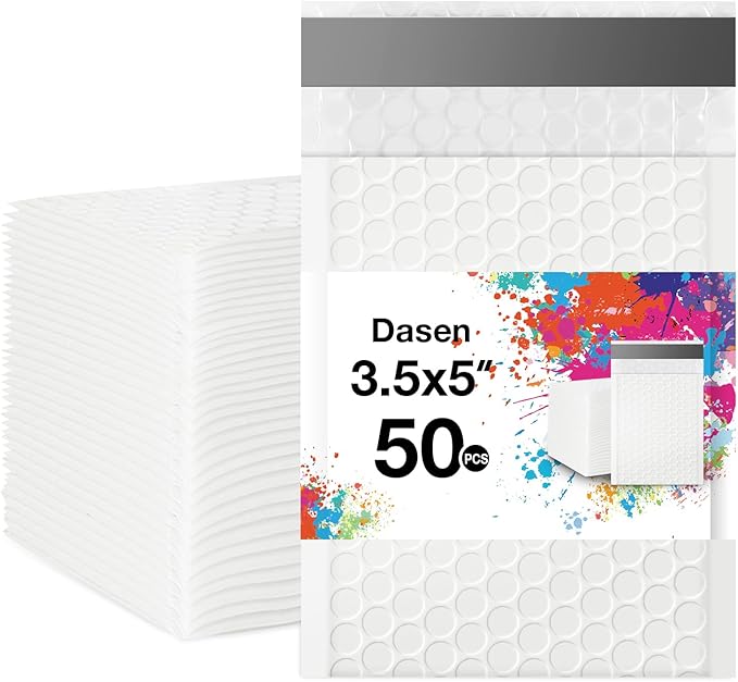 Dasen Bubble Mailers 3.5x5 Inch 50 Pcs,Small Self-Sealing Mail Shipping Bags,White Padded Envelopes #0000