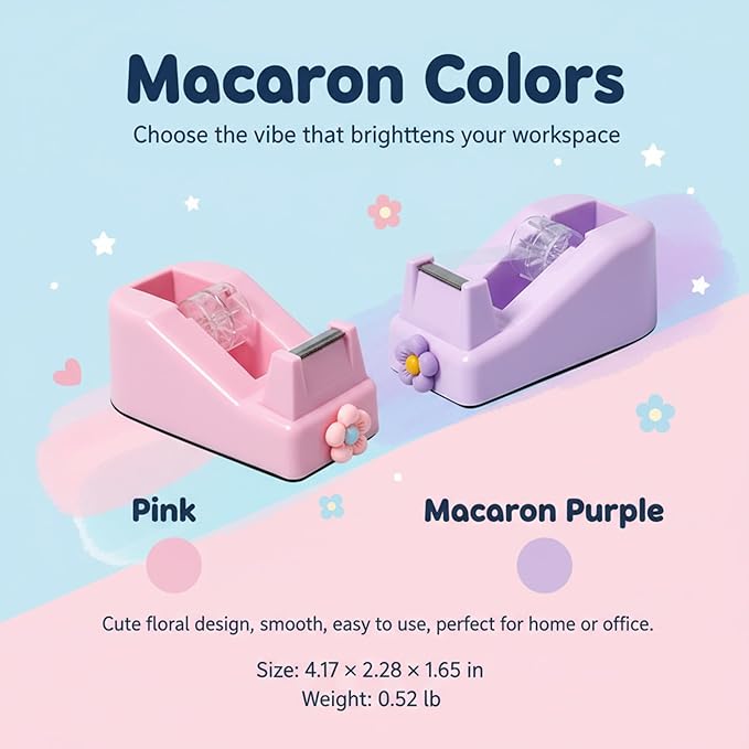 Tape Dispensers,Purple/Pink Tape Dispenser,Tape Dispenser Desk with Stable Weighted Base,Easy One-Hand Use for Scrapbook,Duct Tape & Packing Tape,Ideal for Vision Board Supplies,Office&School Supplies