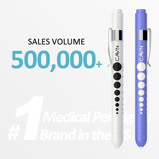 CAVN Pen Light with Pupil Gauge LED Penlight for Nurses Doctors | 2 Pcs Reusable Medical Penlight for Nursing Students (White/Bluish Purple)