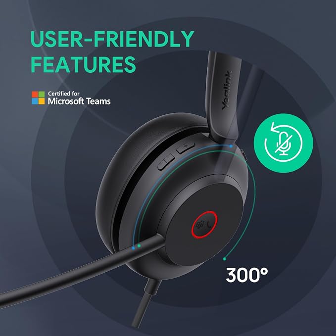 Yealink UH35 USB Wired Headset, Noise Cancelling Mic,Call & Music Control, | Teams/Zoom Certified,Professional Stereo Headphons, Lightweight Design, Busylight, PC/Laptop/IP Phone, Office, Home,On-ear