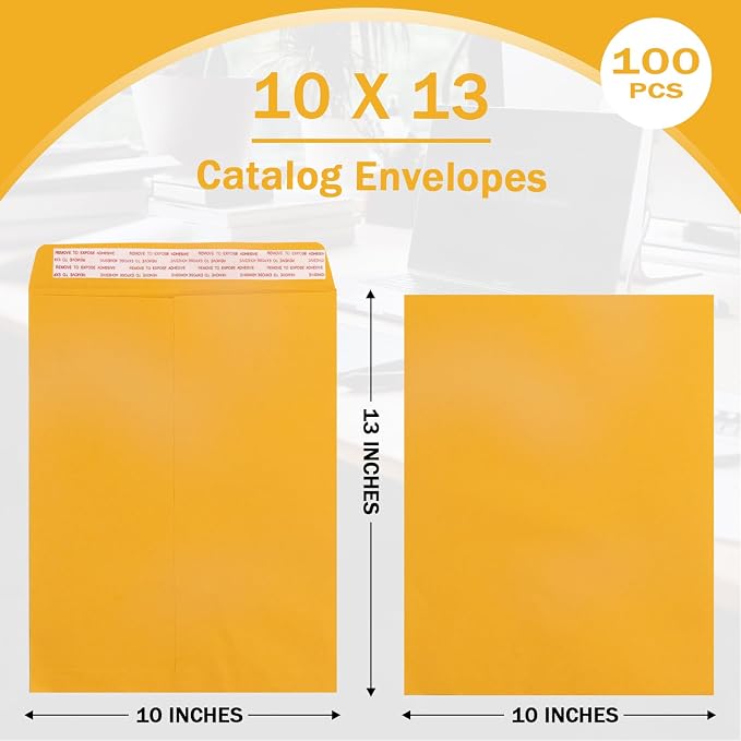 Goefun 10x13 Manilla Envelopes, 100 Pack | Catalog Envelopes, Self Seal, Yellow Brown, 100GSM Paper, Peel and Seal Flap, For Mailing, Organizing and Storage