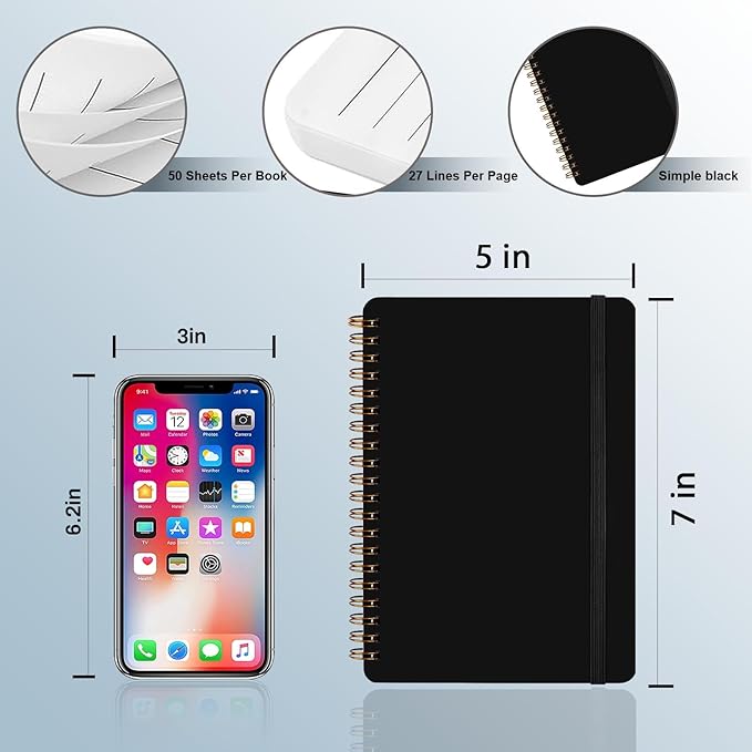 4 PCS Spiral Notebook, Spiral Journal Notebook, Notebooks for Work, Note Taking, School, Small Notebooks with Strap, Cute Notebooks for Women (Black)