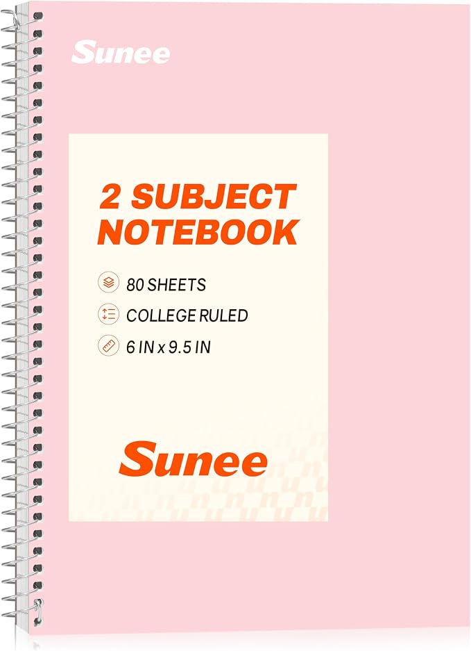 SUNEE Spiral Notebook, 2-Subject, College Ruled Paper, 6" x 9-1/2", 80 Sheets, Spiral Notebooks for School, Pink