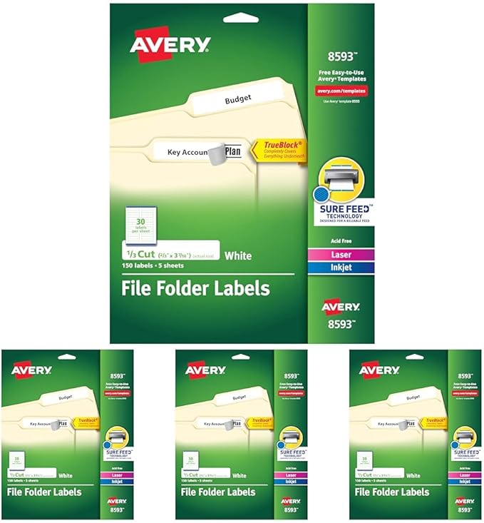 Avery File Folder Labels with TrueBlock Technology, Permanent Adhesive, 2/3" x 3-7/16", Laser/Inkjet, 150 Labels (08593) (Pack of 4)