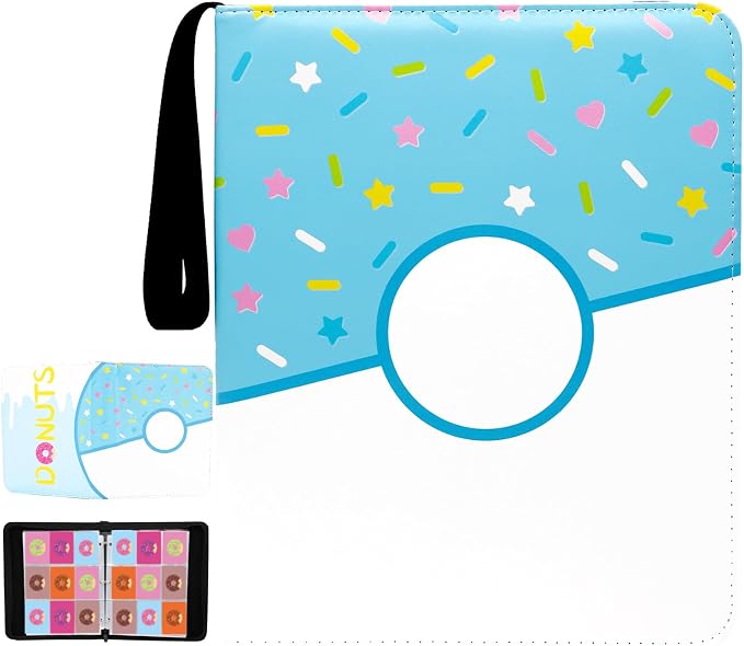 9 Pocket Card Binder 900 Card Holder Album, Blue Donut Trading Cards Holder Zipper Binder for Girl Teen Collection (Blue Donut, 900 Pocket)