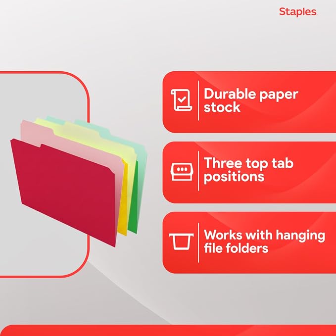 Staples Colored File Folders, Letter Size, 3-Tab Top-Tab, 100/Pk | Durable 10.5-point paper stock for everyday office document filing.