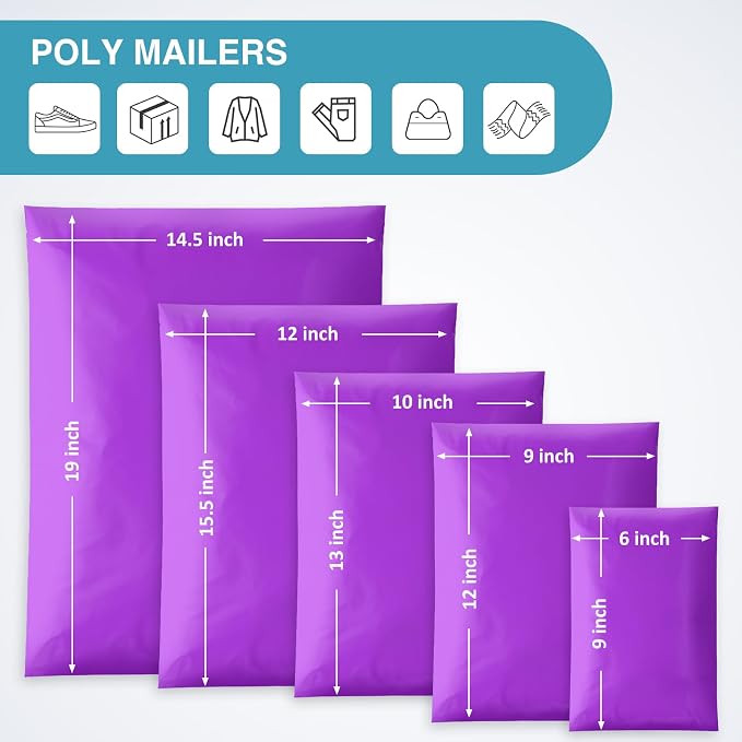 UCGOU 60 Pack Not Padded Purple Poly Mailers Variety Pack, 6x9 Inch & 9x12 Inch & 10x13 Inch & 12x15.5 Inch & 14.5x19 Inch Mailing Bags, Self-sealing Adhesive Mailers Assorted Sizes for Small Business