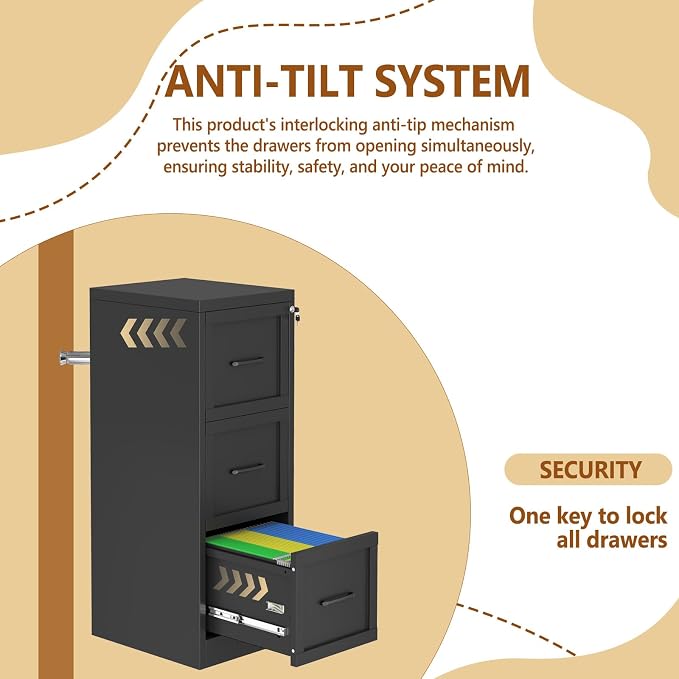 3 Drawer Metal File Cabinet with Lock,Narrow Vertical Filing Storage Cabinets,Steel File Organization for Legal/Letter/A4/F4 Size with Hanging Files,Lockable File Folders for Home Office, Black