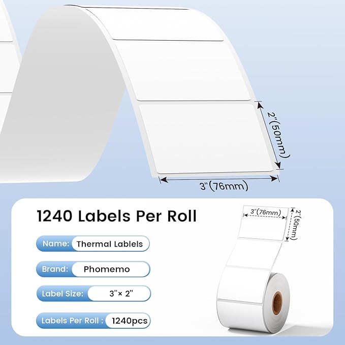 Phomemo 3"x2" Thermal Labels Roll - 1240 PCS Label Stickers for Small Business Supplies - Commercial Grade Logo Stickers for Business Customized - Waterproof Shipping Labels for Thermal Printer