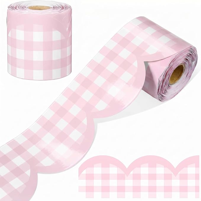 Zonon 65ft Pink Gingham Bulletin Board Border Pastel Scalloped Bulletin Board Trim Back to School Classrooms Decoration for Party Whiteboard, Walls, Desks, Windows, Doors, Lockers