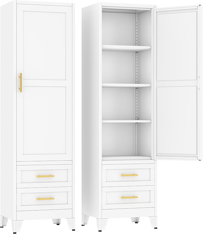 Ckzbx Tall Narrow Storage Cabinet, 66.93" H Tall Bathroom Cabinet Metal Pantry Cabinets with Drawers, 3 Adjustable Shelves, for Kitchen, Bathroom, Home Office, Living Room (White)