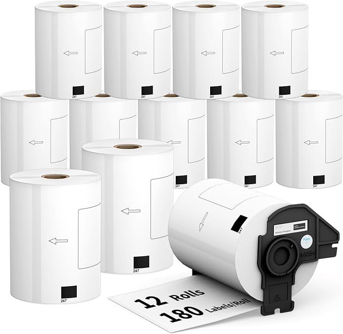 12 Rolls 2160 Labels for Brother DK 1247, 4.07"x6.4" Compatible Die-Cut Wide Format Shipping Mailing Postage Address Labels Paper, Tacnology Used with Brother QL Label Printers, 1 Reusable Cartridge