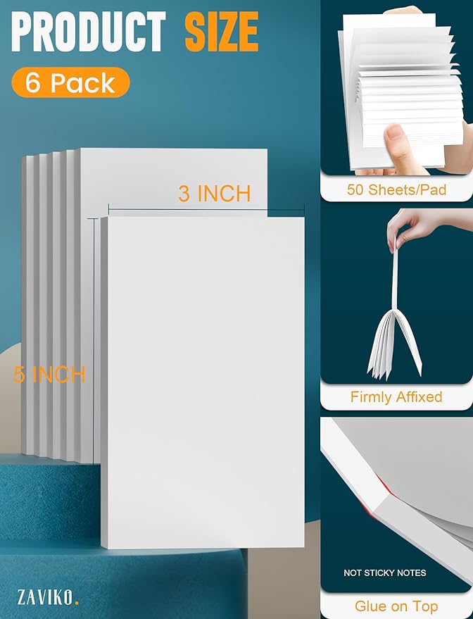 Note Pads 3x5, 6 Pack Small Notepads 3x5 Memo Pads, Small Notebooks 3x5 Scratch Pads, Small Writing Pads of Paper 3x5, White Mini Notepad 3x5 Blank Server Pads, Writing Notes Paper, 50 Sheets/Padad