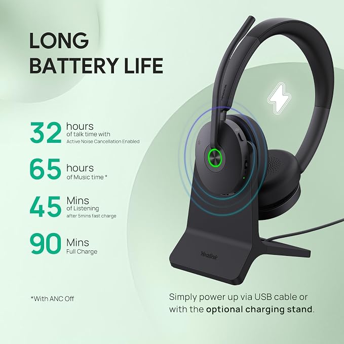 Yealink BH74 ANC Wireless Headset with Mic for Work Office,Teams Certified | 6 AI Noise Cancelling Microphone,Bluetooth Headset with Charging Dock,32H Talk Time & Flip to Mute,USB C/A Dongle Hybrid Work