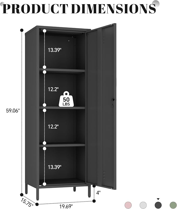 Metal Locker Storage Cabinet with Adjustable Shelves, 59" H Black Locking Tool File Cabinets Kids Snack Locker Organizer for School Classroom,Gym Home Office,Entryway and Hallway