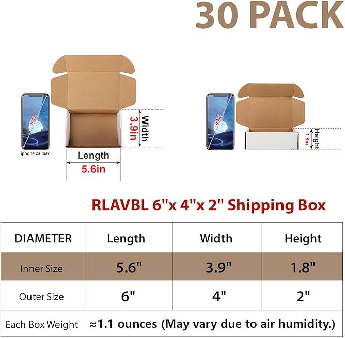 RLAVBL 30 Pack 6x4x2 Shipping Boxes, White Corrugated Cardboard Mailer Box for Packing Mailing Small Business