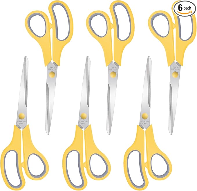 6 Packs Sewing Craft Scissors Bulk,8" Multipurpose Heavy Duty Sharp Scissors,Stainless Steel Shears for Home Office Student Supplies,Yellow