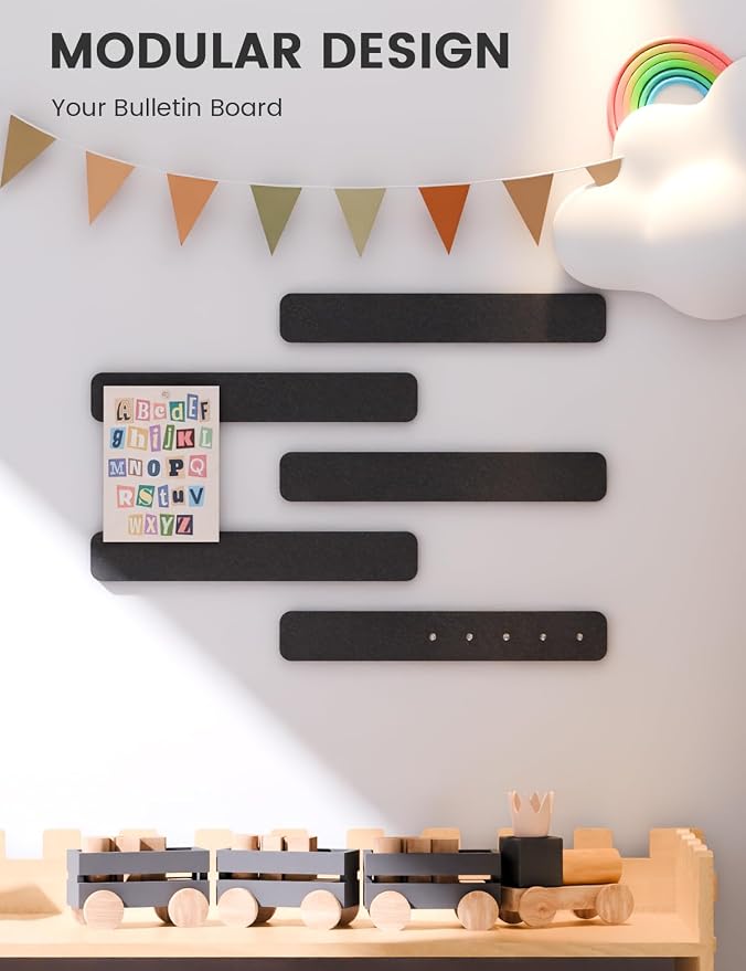 Fluxynara 13" x 2" Felt Wall Panels, Black | 5-Pack Includes 35 Push Pins and Adhesive Tabs for Photos, Notes and Decor in Bedroom Doors, Home Office or Studios