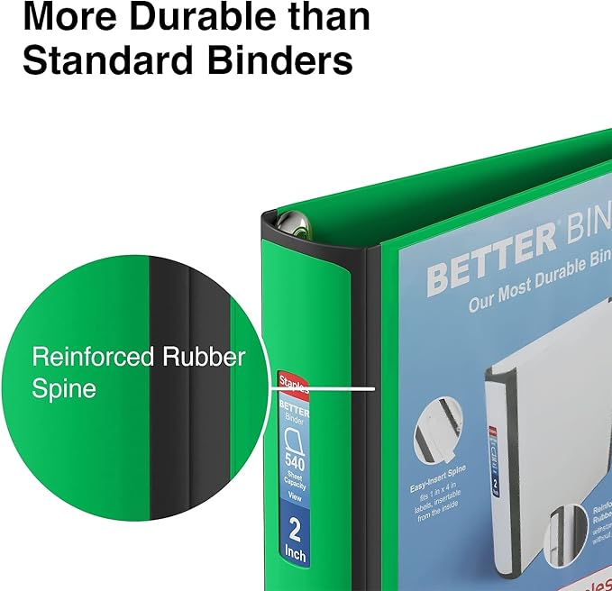 Staples Heavy-Duty 2-Inch D-Ring Binder, Green – Large Capacity 3-Ring Binder with Pockets, Holds Up to 540 Sheets